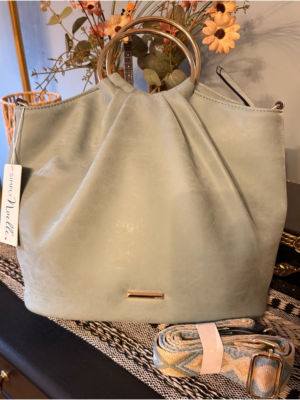 Simply Noelle Sage Green With Gokd Ring-Handle Tote Bag